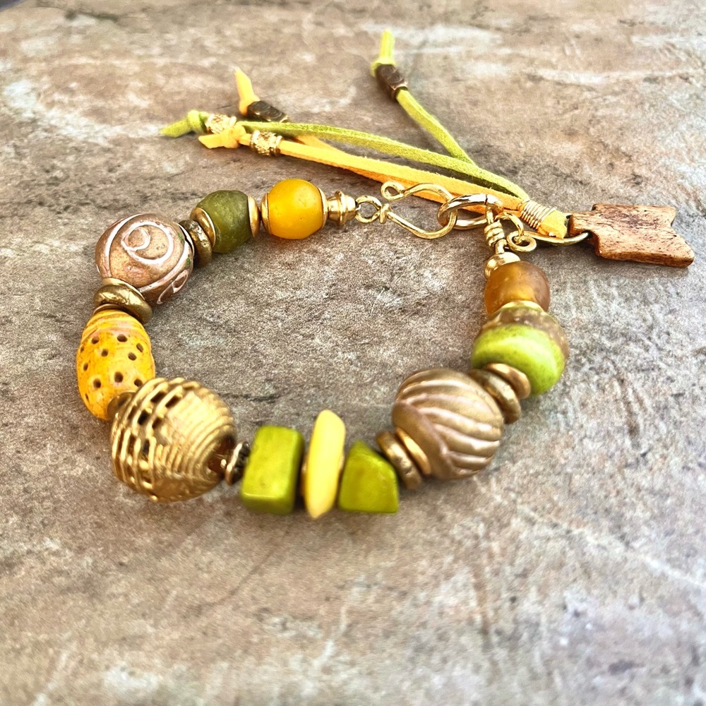 Colorful Tribal Boho Bracelet Handmade Clay, Glass and African Trade Brass Beads